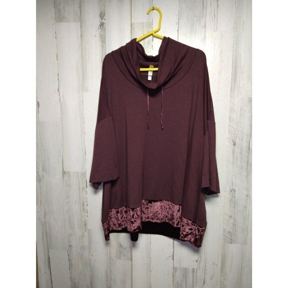 Cacique Women’s 26/28 Mock Neck Velvet Trim Burgundy Pullover